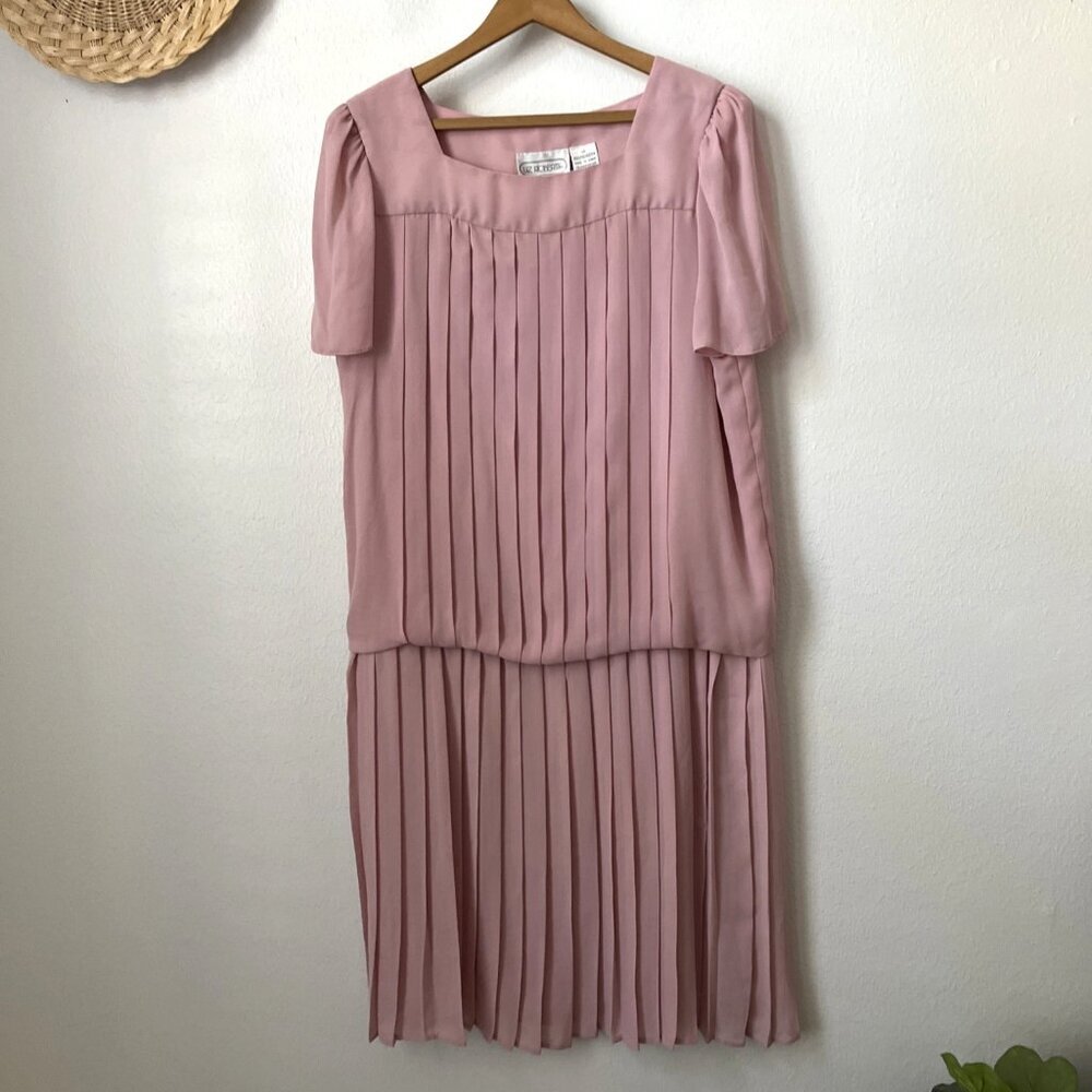 Vtg rose pink blouson drop waist pleat dress tea party‎ wedding 14 short slv